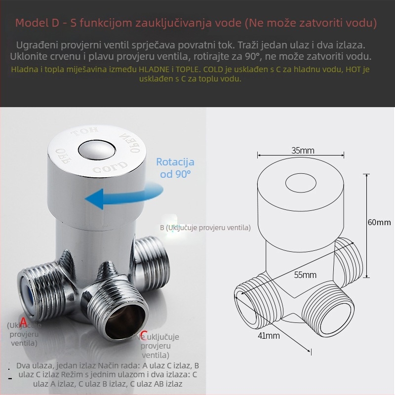 Bakarni troputni kutni ventil s miješanjem vruće/hladne vode, provjerni ventil, spiralna montaža, model 001, King Guard