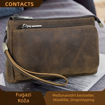 Muška kožna clutch torba Black Angel od prve slojevine teleće kože, vodootporna i proširiva, s višestrukim džepovima na zip za telefon i slušalice