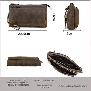 Muška kožna clutch torba Black Angel od prve slojevine teleće kože, vodootporna i proširiva, s višestrukim džepovima na zip za telefon i slušalice