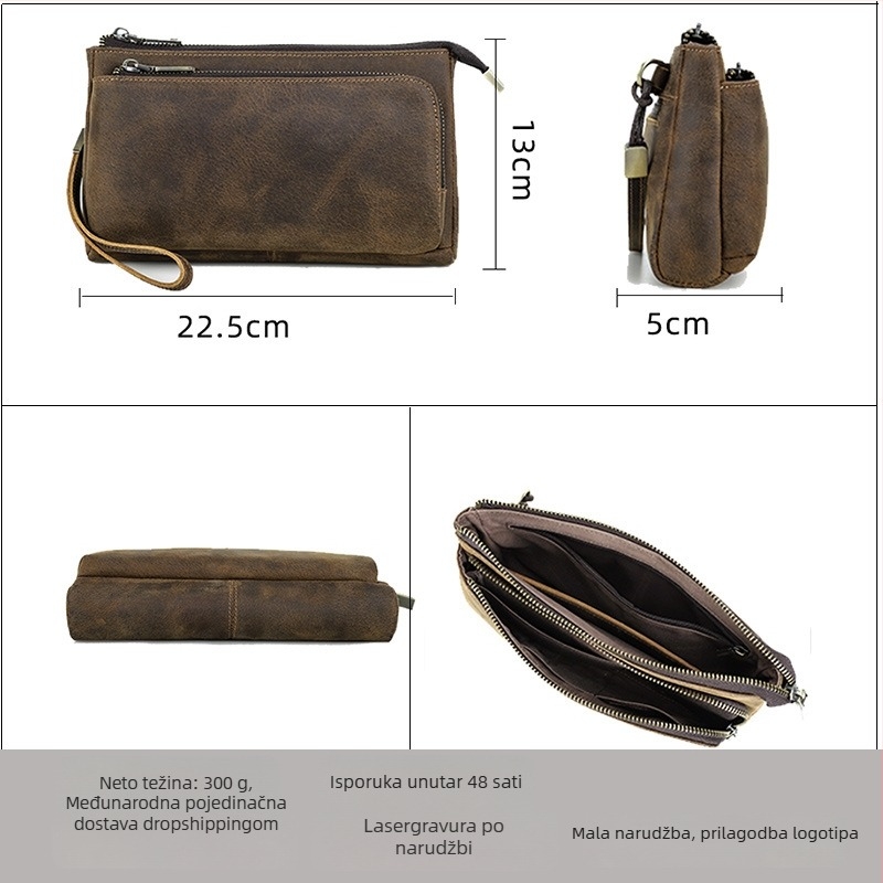 Muška kožna clutch torba Black Angel od prve slojevine teleće kože, vodootporna i proširiva, s višestrukim džepovima na zip za telefon i slušalice