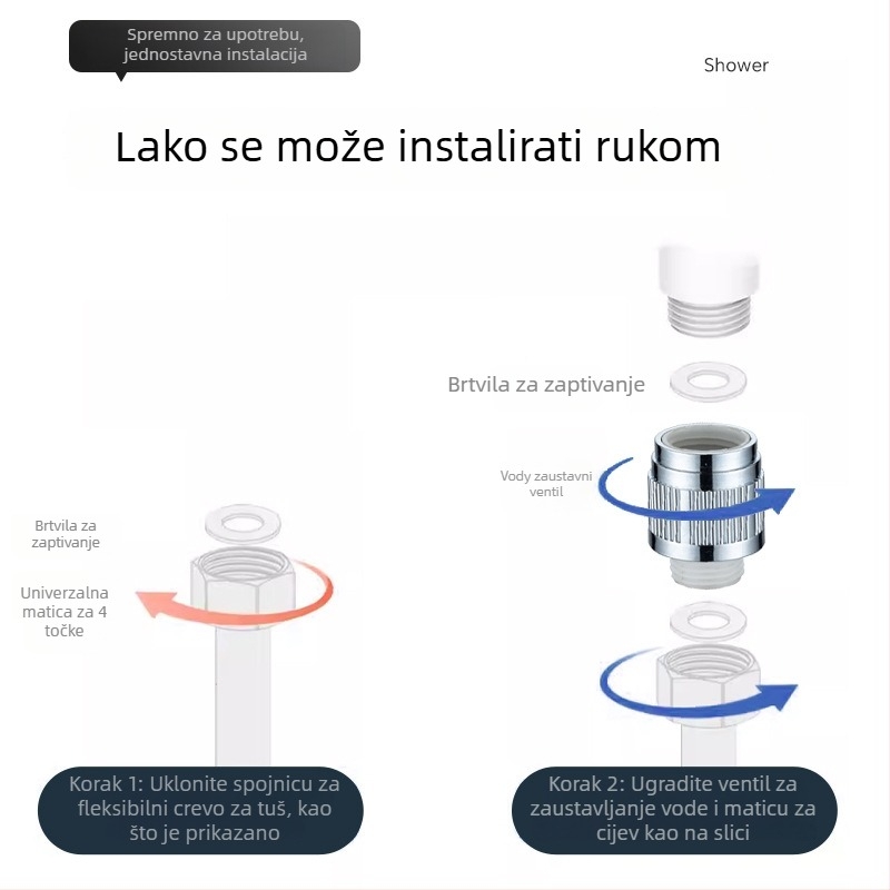 Ručna tuš glava s jednim dodirom zaustavljanja vode, brzi priključak za crijevo, okretni montažni, model ZC-16800358, PP, 100°C, 50 MPa