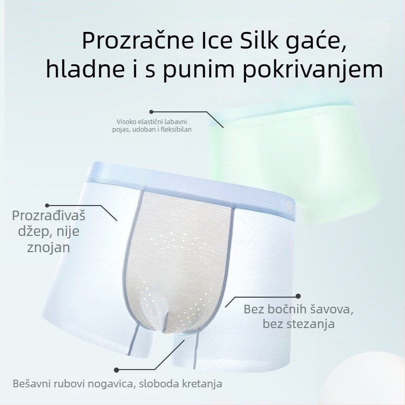 Muške antibakterijske bokserice od ice silk, prozračne i brzo se suše, najlon pletivo, srednji struk, podstava prepona od regenerirane celuloze vlakana