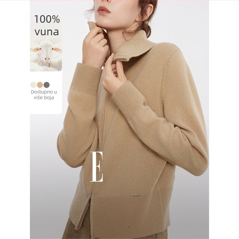 Ženski debeli vuneni kardigan pulover, poluturtleneck ovratnik, dugi rukavi, 95% kašmira