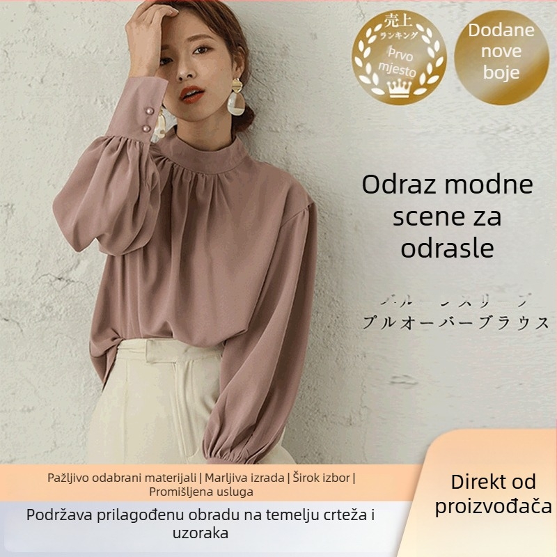 Ženska šifon košulja, okrugli izrez, dugi rukav, široka silueta, japanski stil