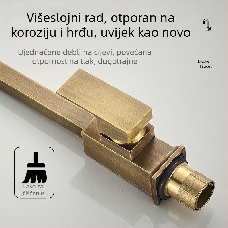 Kuhinjska slavina od čistog bakra, topla i hladna voda, kvadratni dizajn, jednoručni upravljač, keramički disk ventil