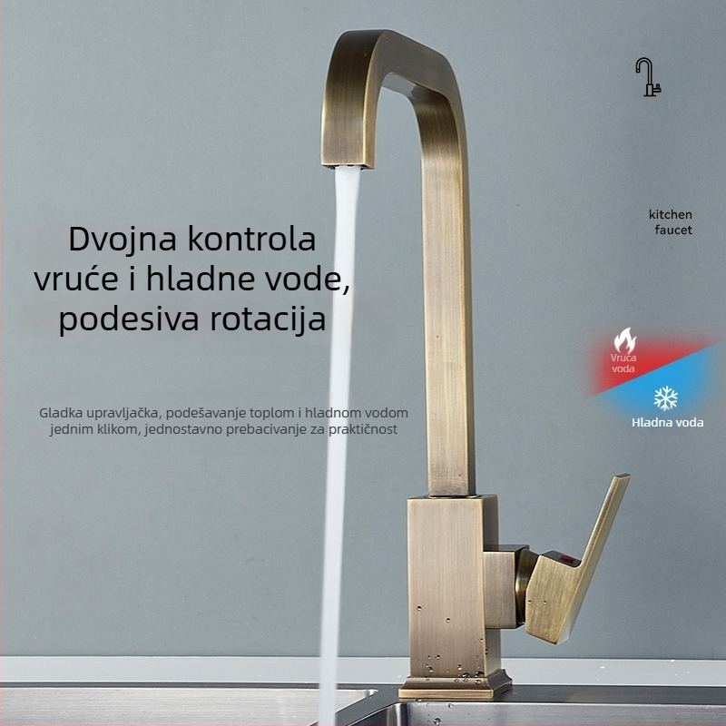Kuhinjska slavina od čistog bakra, topla i hladna voda, kvadratni dizajn, jednoručni upravljač, keramički disk ventil