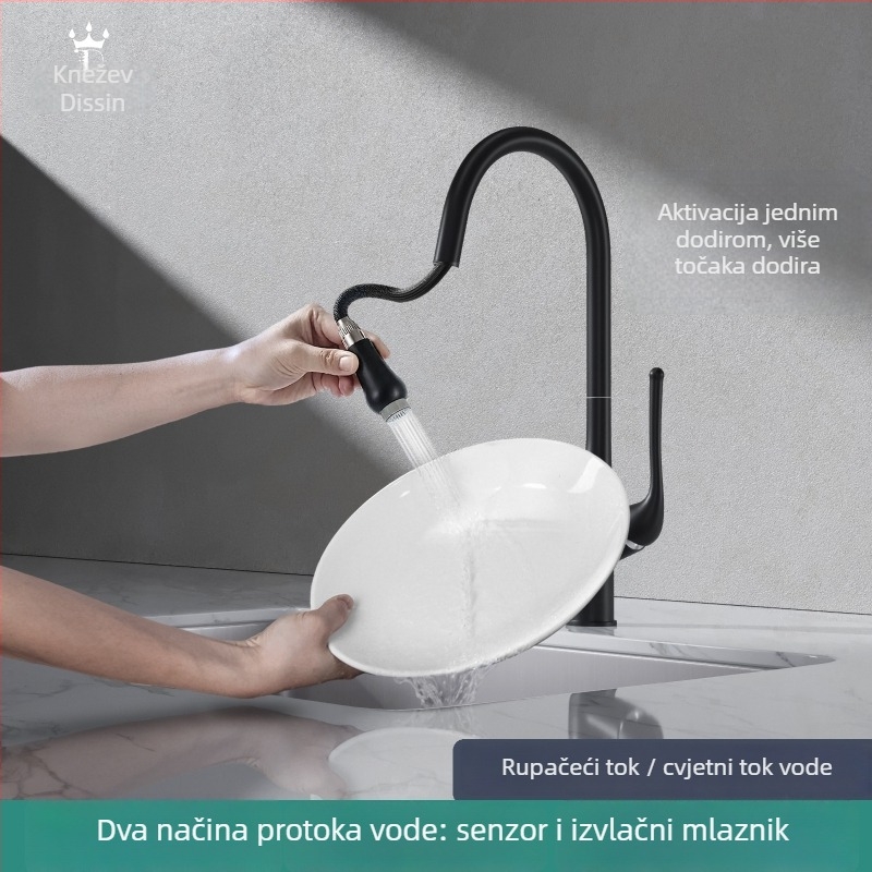 Kuhinjski senzorni miješalnik s izvučnim nastavkom, tijelo od zinkovog legura, keramički disk ventil, model H3401-5, 1,2 MPa, 0–90°C, izlazi za mjehurić i tuš