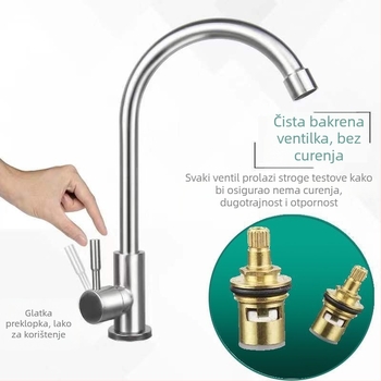 Kuhinjski slavina od 304 nehrđajućeg čelika, okretni izljev, keramički disk ventile, brušeni završni sloj, Watermark certificiran