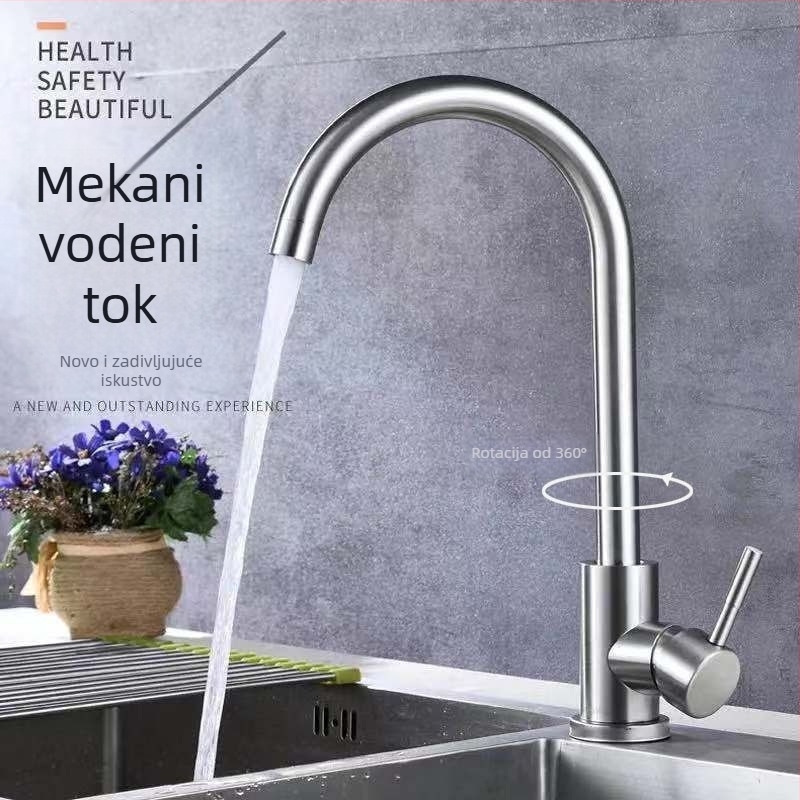 Kuhinjski slavina od 304 nehrđajućeg čelika, okretni izljev, keramički disk ventile, brušeni završni sloj, Watermark certificiran