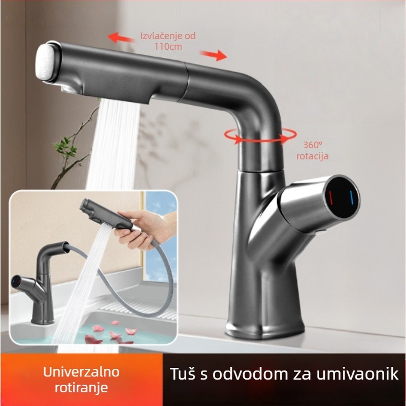 Slavina za umivaonik s izvučnom, od nehrđajućeg čelika s brušenim površinama, ugradnja ispod ploče, miješanje tople i hladne vode, tijelo ventila od mosadze