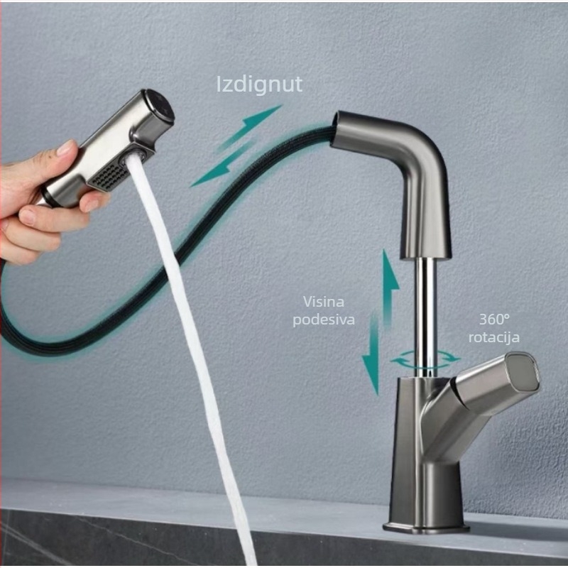 Slavina za umivaonik s izvučnom, od nehrđajućeg čelika s brušenim površinama, ugradnja ispod ploče, miješanje tople i hladne vode, tijelo ventila od mosadze
