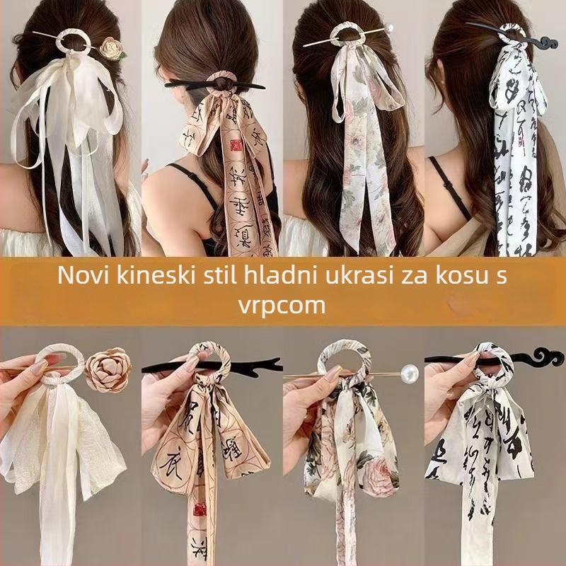 Drevna drvena spona za kosu s platnenom mašnicom – antički stil, jednorodna forma, dodatak za glavu (Materijal: drvo + platno; Stil: antički; Oblik: jednorodna; Kategorija: dodatak za glavu)