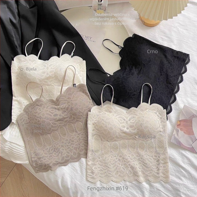 Čipkasta camisola bez naramenica s tankim oblikovanim košaricama, prozračan stražnji dio, najlon čipka