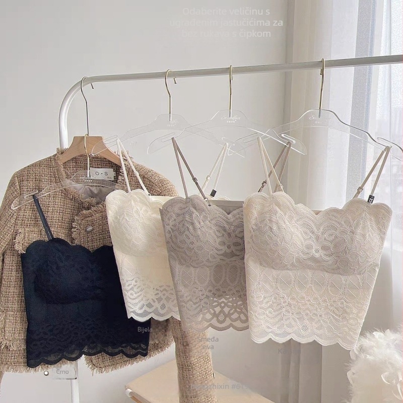 Čipkasta camisola bez naramenica s tankim oblikovanim košaricama, prozračan stražnji dio, najlon čipka