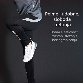 Muške sportske hlače sa srednjom visinom struka, uskog kroja, brzo sušeće i vlage odvode, bočna traka, poliester 98% mješavina.