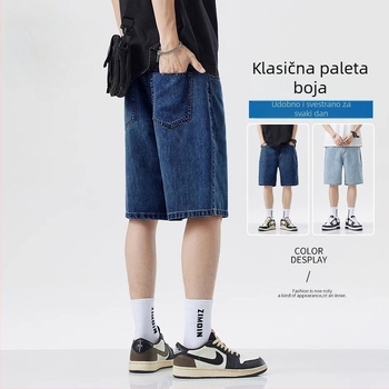 Muške lagane traper šorceve, ravni kroj, srednja talija, duljina pet kvartova, mikro-elastični, 100% poliester