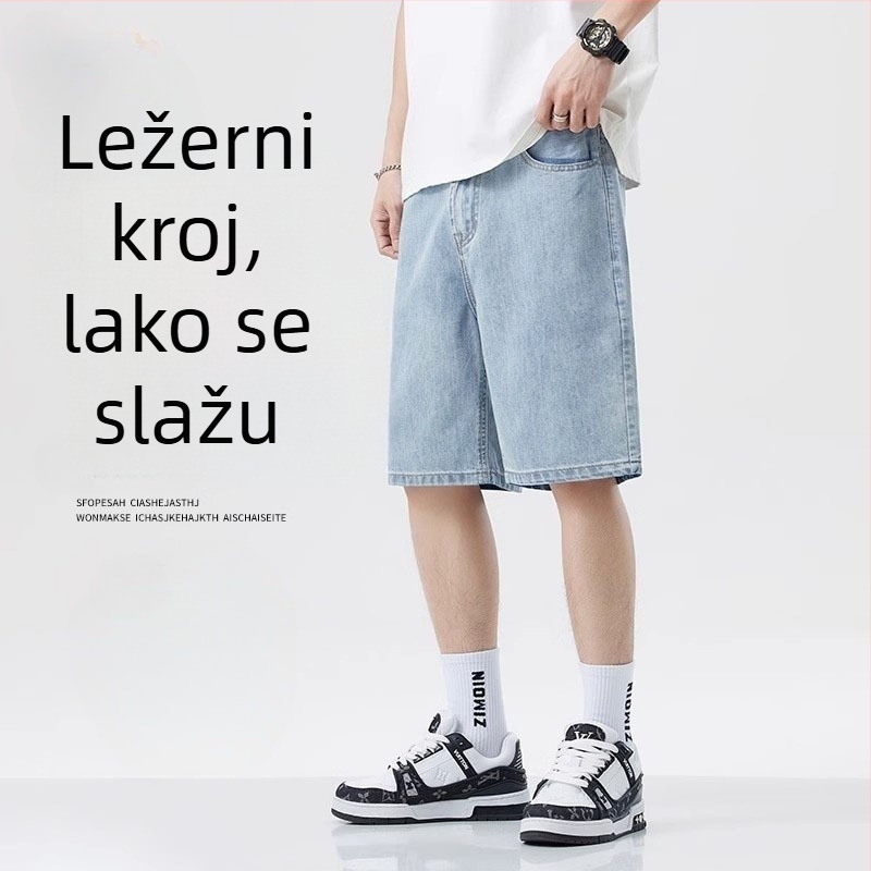 Muške lagane traper šorceve, ravni kroj, srednja talija, duljina pet kvartova, mikro-elastični, 100% poliester