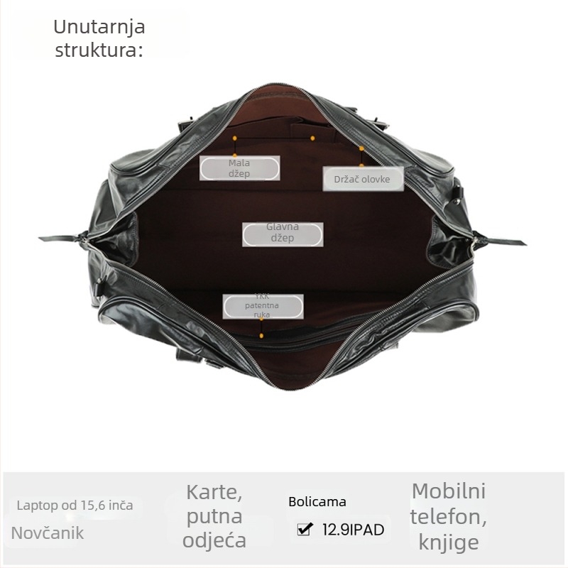 Muška kožna putna torba, kapacitet 36–55 L, koža vrhunskog sloja teleće kože, otporna na habanje, urbani minimalistički stil