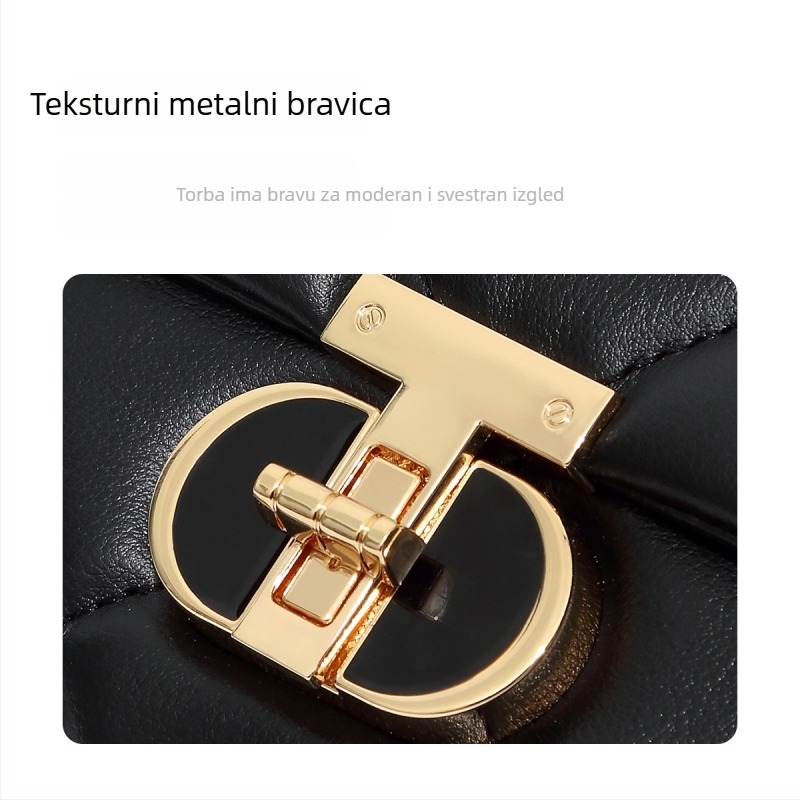 Ženska torbica s lancem za ramena, od prave kože, romboidni šavovi, horizontalni kvadratni oblik, zaključavanje na bravu, unutarnji džep sa zipom i džep za identifikaciju.
