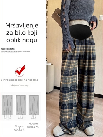 Trudničke karirane široke hlače s flis podstavom, jesen-zima, podrška trbuha, tkanina od vune–mješavine (poliester 50–70%, pamuk <30%), mikroelastičnost