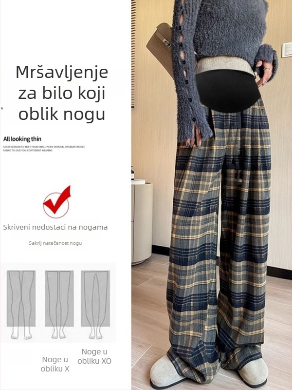 Trudničke karirane široke hlače s flis podstavom, jesen-zima, podrška trbuha, tkanina od vune–mješavine (poliester 50–70%, pamuk <30%), mikroelastičnost