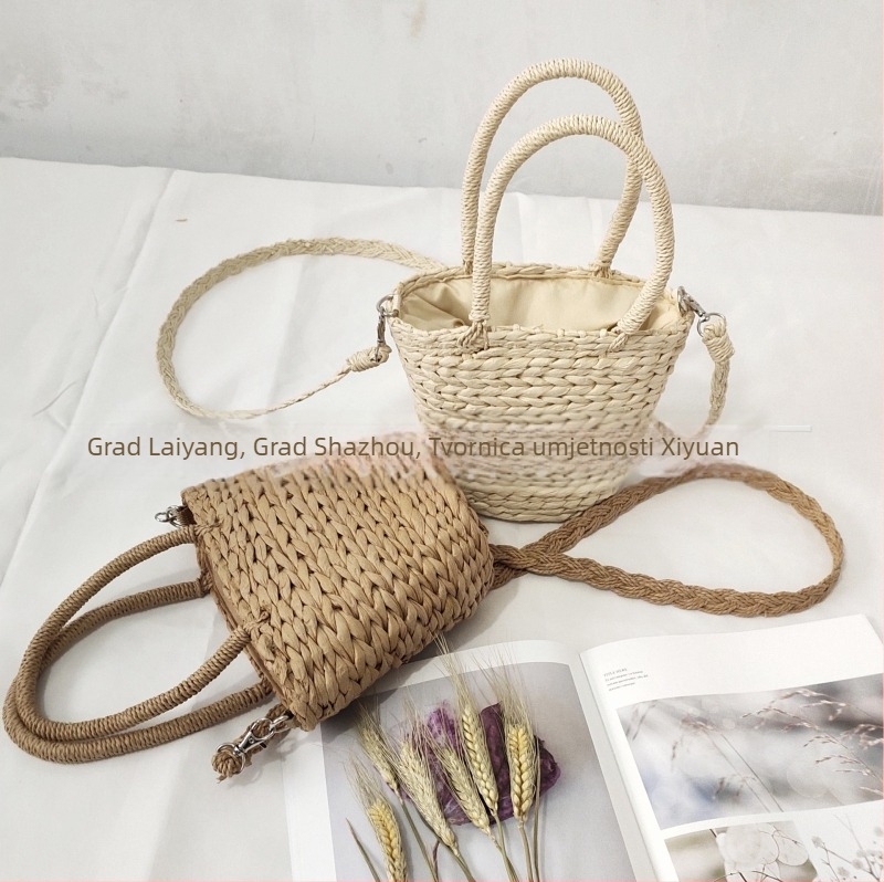 Slamnata bucket bag s povlačenjem, pamuk podstava, Kai Source Crafts