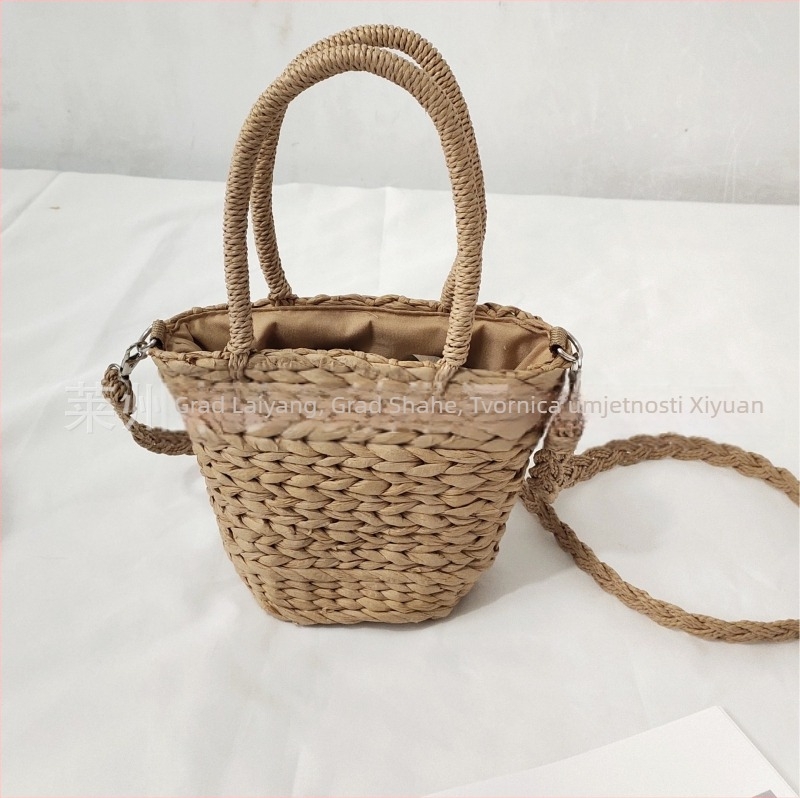 Slamnata bucket bag s povlačenjem, pamuk podstava, Kai Source Crafts