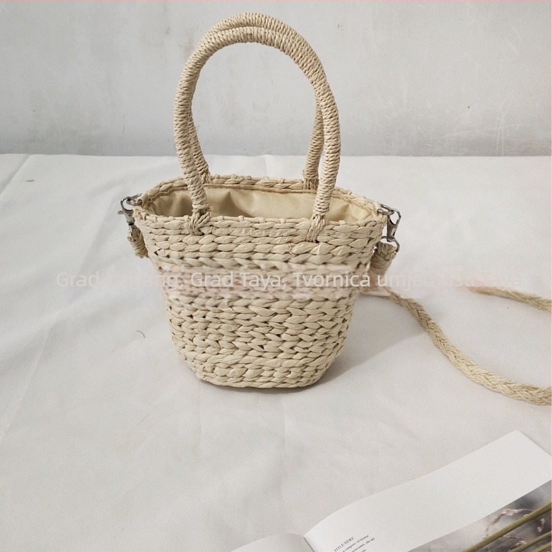 Slamnata bucket bag s povlačenjem, pamuk podstava, Kai Source Crafts