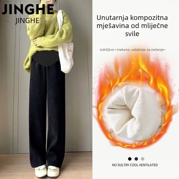 Trudničke hlače za jesen-zimu s fleec podstavom, tople, s podrškom za trbuh, udoban široki kroj, od pamuk-poliester smjese