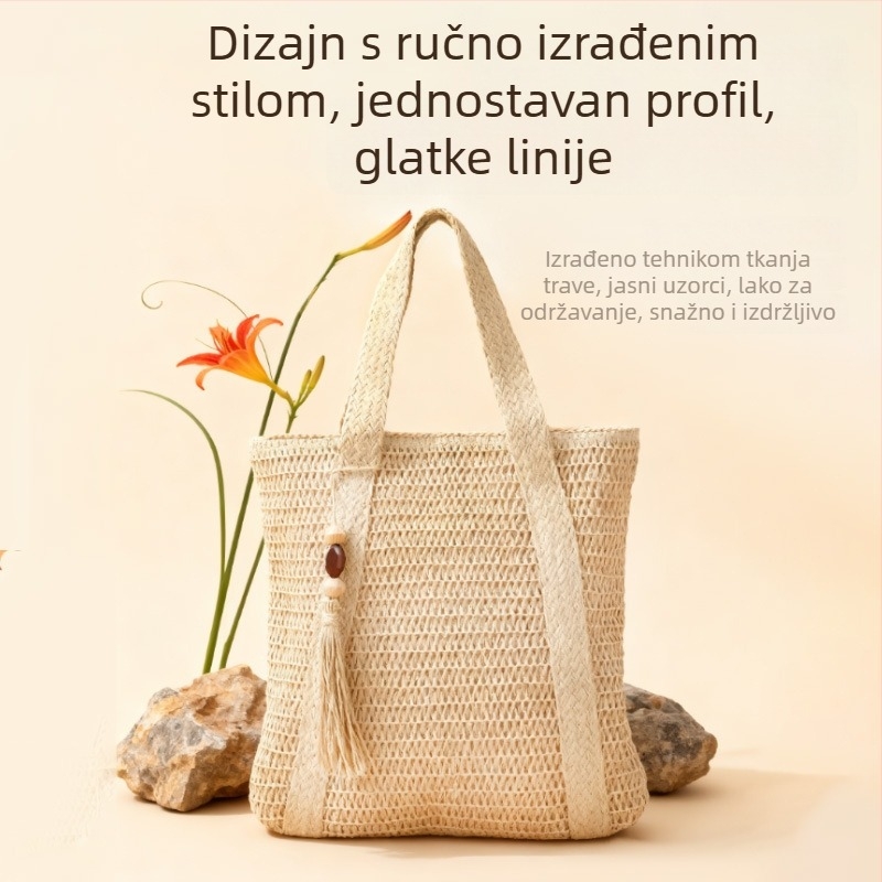 Pletene torba od slame za dnevno putovanje sa zatvaračem, skrivenim džepom i podstavom od breskine kože