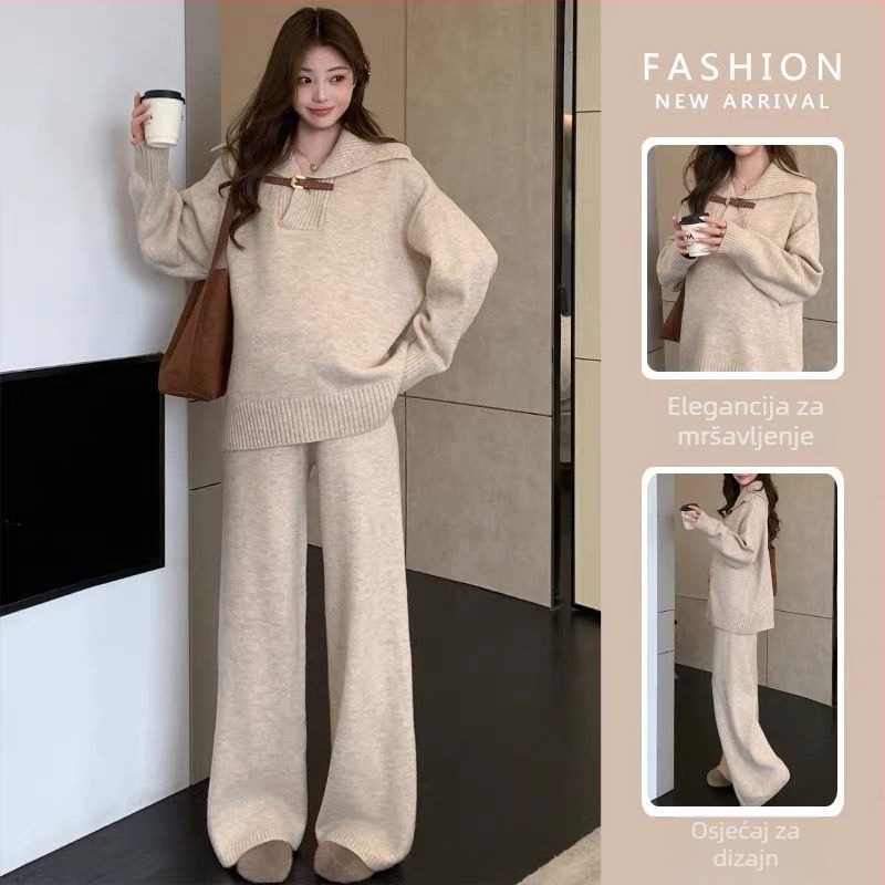 UNMUN set za trudnice: pleteni gornji dio i široke hlače, dugi rukav, s ovratnikom, glavna tkanina PVC