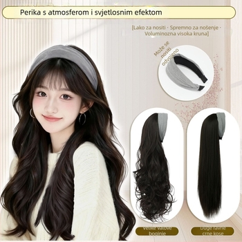 Perika s trakom za glavu – duga kovrčava kosa, šiške ravne ili nagnute; vlakna otporna na visoke temperature; može se obojiti i napraviti perm