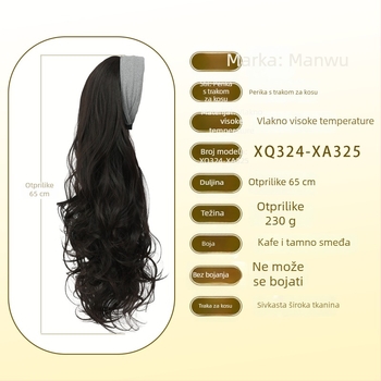 Perika s trakom za glavu – duga kovrčava kosa, šiške ravne ili nagnute; vlakna otporna na visoke temperature; može se obojiti i napraviti perm