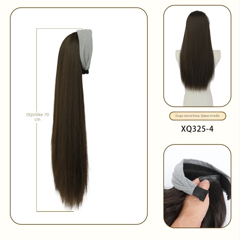 Perika s trakom za glavu – duga kovrčava kosa, šiške ravne ili nagnute; vlakna otporna na visoke temperature; može se obojiti i napraviti perm