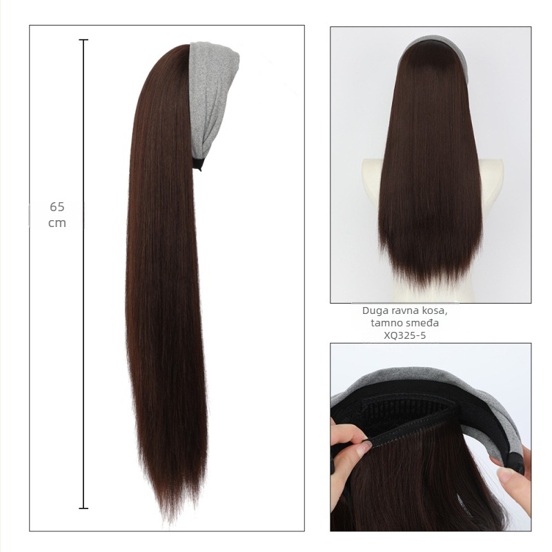 Perika s trakom za glavu – duga kovrčava kosa, šiške ravne ili nagnute; vlakna otporna na visoke temperature; može se obojiti i napraviti perm