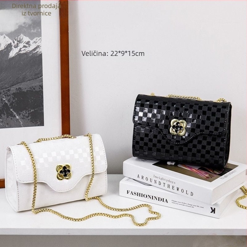 Kožna crossbody torba, mala kvadratna torbica s poklopcem, vodoravni kvadratni oblik, ručka s lancem za zaključavanje, unutarnji džepovi sa zatvaračem i džepovi za telefon i ID