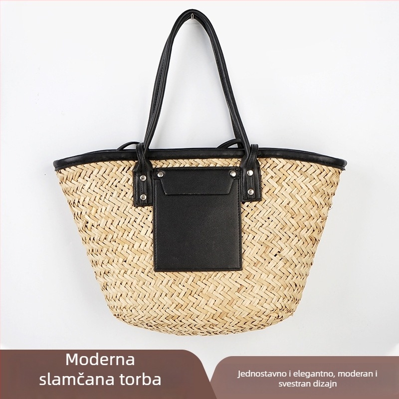 Torba Tote - slamnata pletena torba, pleteni stil, vodoravni kvadratni oblik, otvoren vrh, dvostruke ručke