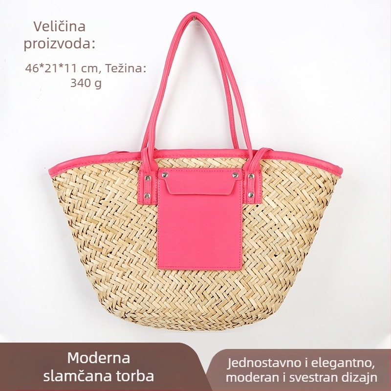 Torba Tote - slamnata pletena torba, pleteni stil, vodoravni kvadratni oblik, otvoren vrh, dvostruke ručke