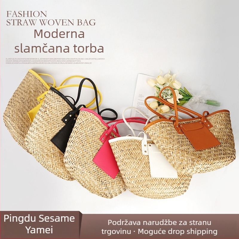 Torba Tote - slamnata pletena torba, pleteni stil, vodoravni kvadratni oblik, otvoren vrh, dvostruke ručke
