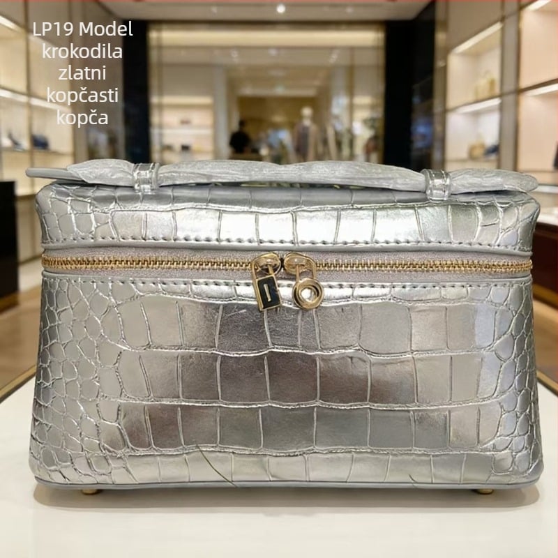 Torba preko ramena s uzorkom krokodila, od prave kože, vodoravnog kvadratnog oblika, zatvaranje na zip