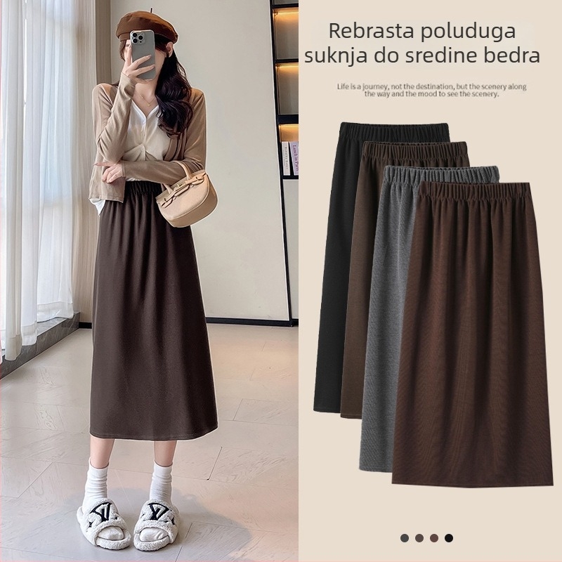 Suknja - pletena, visokim strukom, midi duljine, viskoza-poliester smjesa, mikroelastičnost