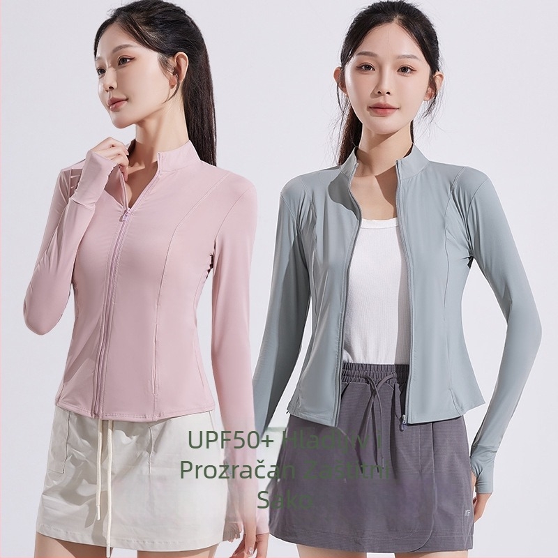 Ženska joga jakna s UV zaštitom – glavni materijal najlon 80–90%, Spandex ispod 30%, dugi rukavi, elegantan vjetrovit stil