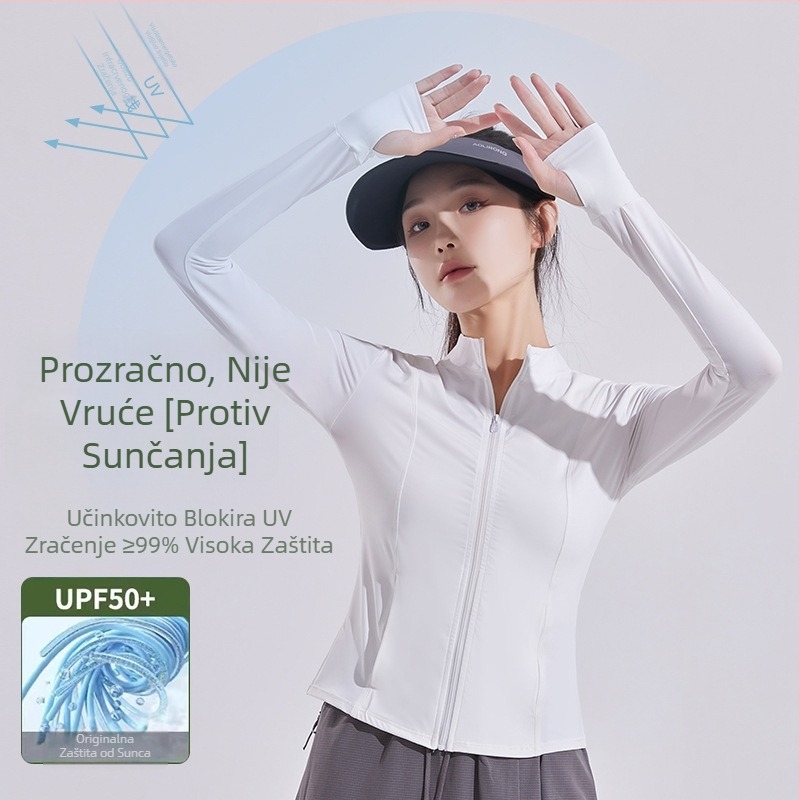 Ženska joga jakna s UV zaštitom – glavni materijal najlon 80–90%, Spandex ispod 30%, dugi rukavi, elegantan vjetrovit stil