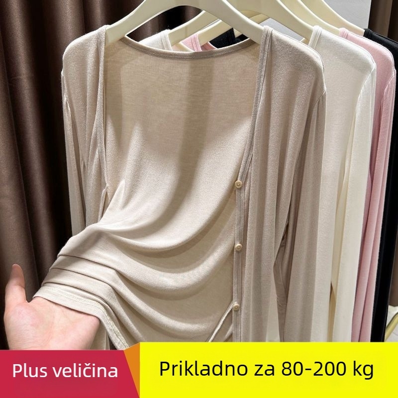 Damski modalni kardigan s dugim rukavima, V-izrez, tanak, ravni kroj, jednostruko kopčanje, jednobojni uzorak, proljeće 2025