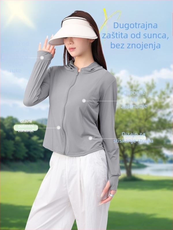 Ženska UV zaštitna jakna, prozračan viskozni materijal, UPF50+, uski kroj, kratka duljina s prednjim zatvaračem