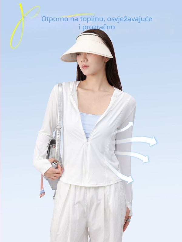 Ženska UV zaštitna jakna, prozračan viskozni materijal, UPF50+, uski kroj, kratka duljina s prednjim zatvaračem