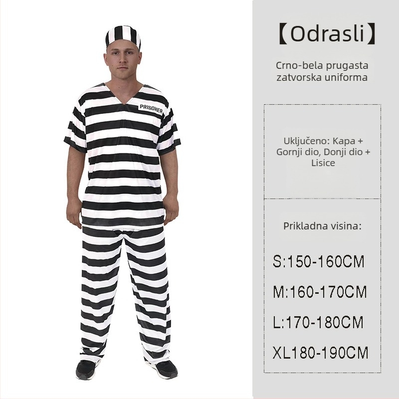 Unisex kostim zatvorenika za Halloween s prugastim uzorkom - poliester tkanina, vlakna regenerirane celuloze ≥95%, za scenske izvedbe/maškare, do 17 godina