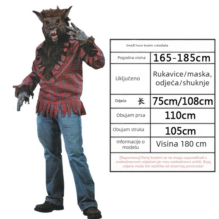 Odrasli cosplay kostim – unisex, likovi vilkolak/zombi za scensku predstavu; tkanina: pamučna smjesa; glavni materijal: poliester; sezona: proljeće 2025; dobna skupina: 25–29; etiketa s ovratnikom