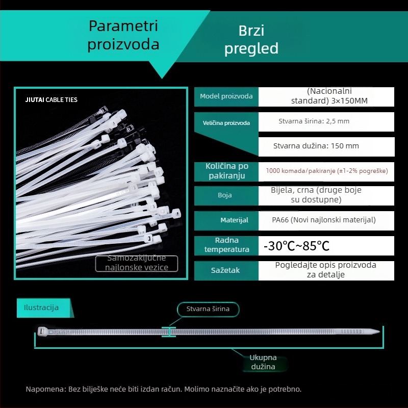 Samozaključavajući najlonski kaiš - PA66, širina 2,5 mm, za gradilište, otporan na niske temperature