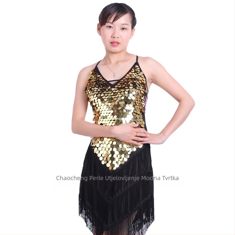 Latino plesna haljina za nastup bez leđa, s štrasom i resicama; materijal Crystal hemp; glavni materijal Spandex; Polyester 95%+; brend Trendy posture; za žene